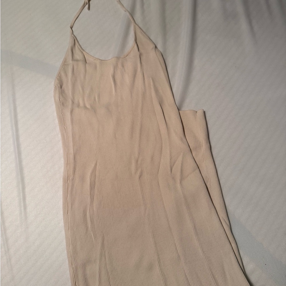 Oh Polly Backless Ribbed Slip Dress in Beige